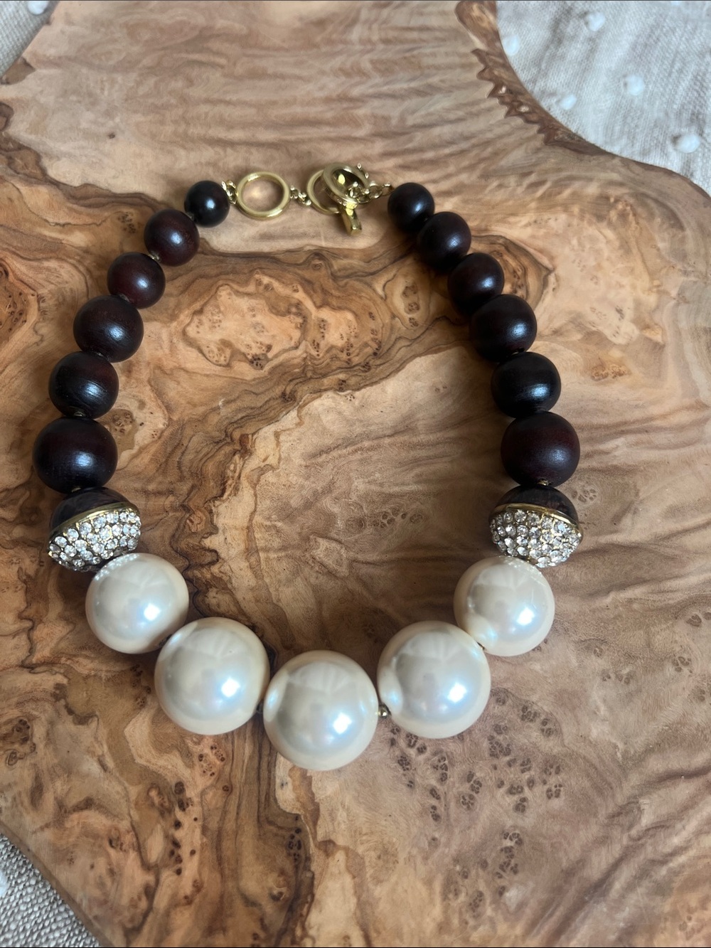 Anne Klein Cream Pearl, Dark Brown Wood & Gold-Tone Crystal Necklace